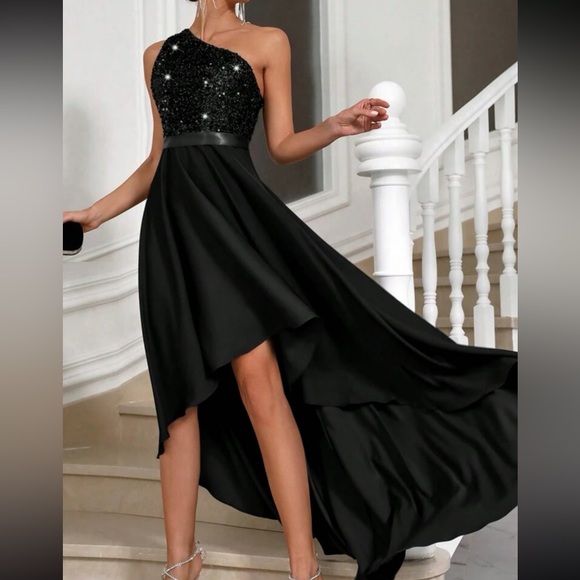 Luxe one shoulder asymmetrical hem satin sequins party dress - Picture 5 of 5